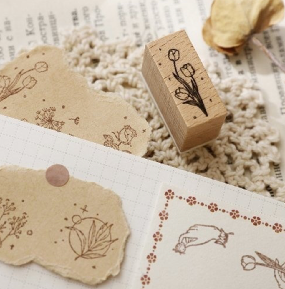 Floral wooden rubber stamps set.